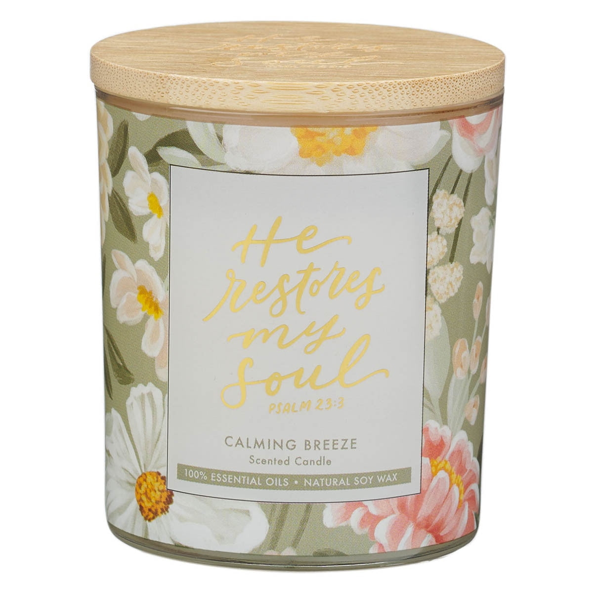 Glass Candle w/Bamboo Lid Floral He Restores my Soul Ps. 23:3