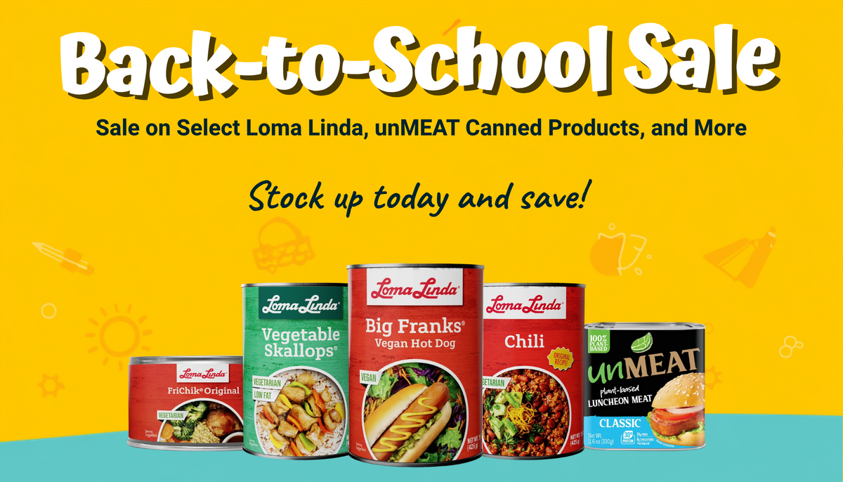 Promotional advertisement for a Back-to-School Sale featuring Loma Linda canned products including Vegetable Staklops, Big Franks Vegan Hot Dog, Chili, and Unmeat Classic, set against a bright yellow and teal background with text and logos.