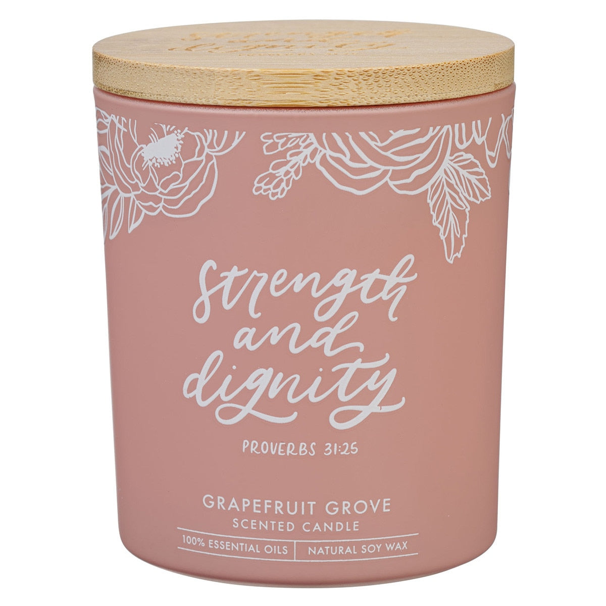 Glass Candle w/Bamboo Lid Pink Strength & Dignity Prov. 31:25