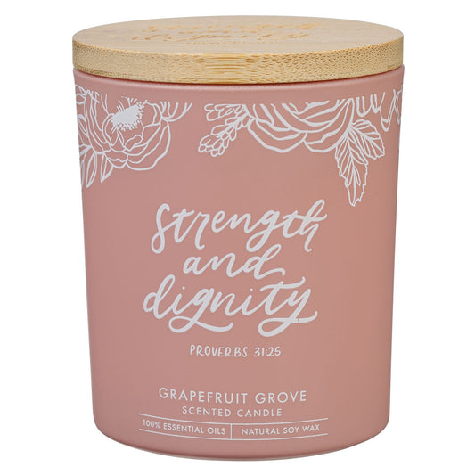 Glass Candle w/Bamboo Lid Pink Strength & Dignity Prov. 31:25
