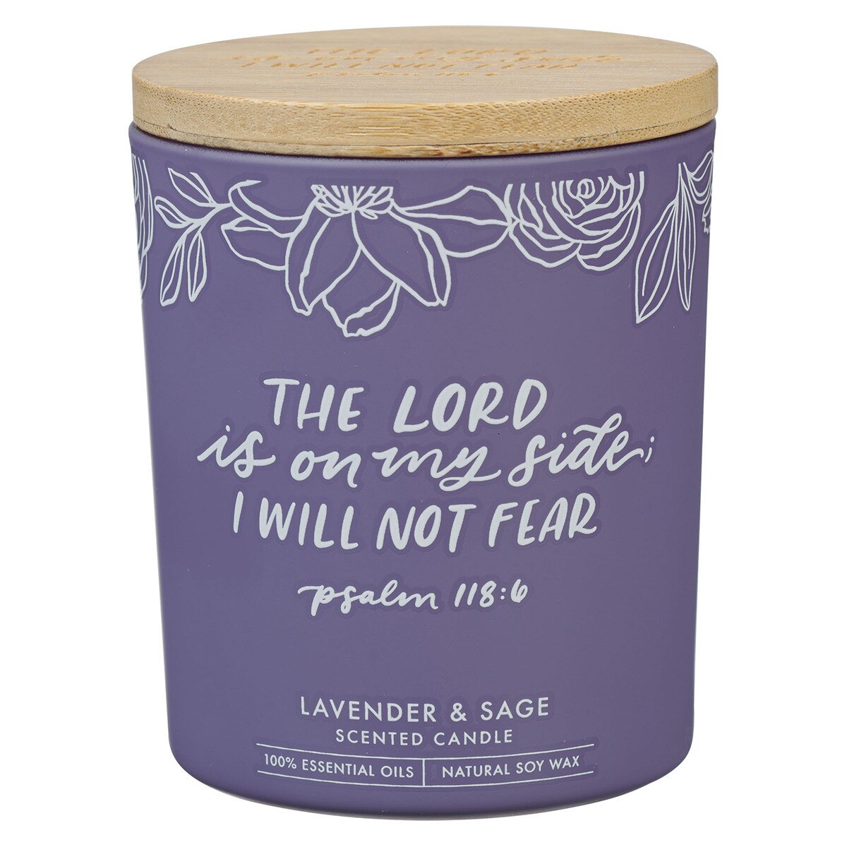Glass Candle w/Bamboo Lid Purple No Fear Ps. 118:6